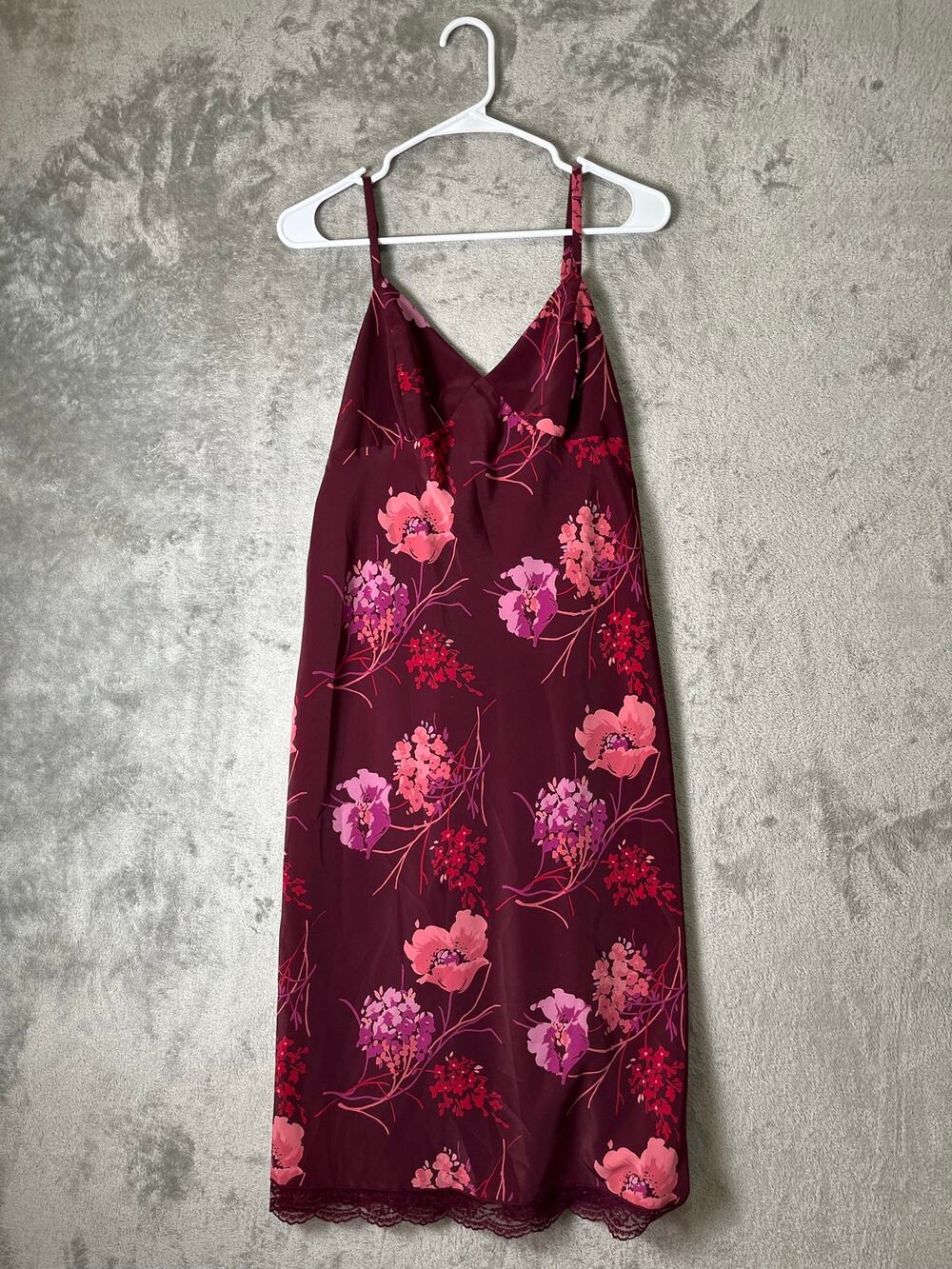 Vintage Y2K Floral Slip Dress Burgundy‎ Pink Lace Hem Spaghetti Strap Midi M